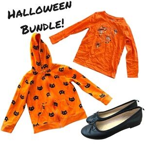 Cat & Jack Halloween Bundle Lot Girl’s 6 6X Orange Shirt Hoodie 13 Black Flats